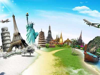 Kreative Collage berühmter Wahrzeichen aus aller Welt, darunter der Eiffelturm, die Freiheitsstatue und thailändische Tempel, mit Flugzeugen im Himmel.