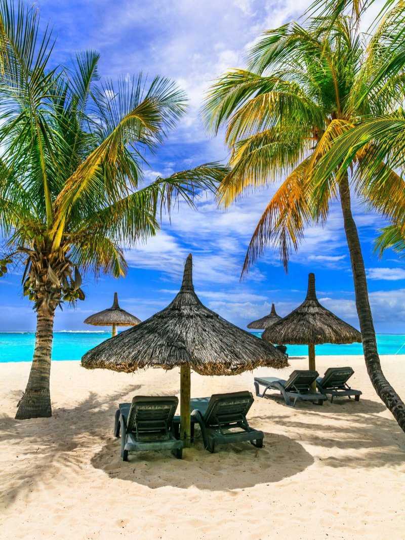 Tropischer Strand auf Mauritius mit Palmen, Strohdach-Sonnenschirmen und Liegestühlen, türkisfarbenem Wasser und blauem Himmel